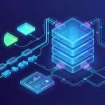 Futuristic digital illustration of a data processing system with interconnected neon elements, including cubes, graphs, and circuit-like pathways.