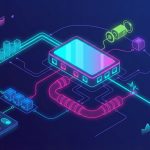 Futuristic neon illustration of a digital network system with interconnected devices, graphs, and data flow on a dark background.