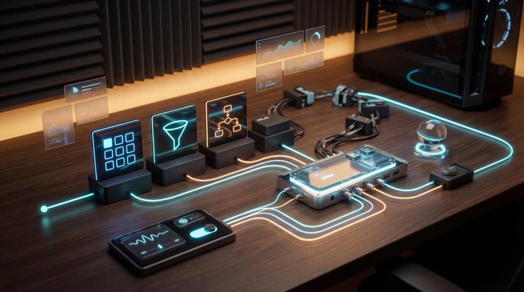 Futuristic workspace with holographic displays, digital interfaces, and interconnected devices on a wooden desk, showcasing advanced technology concepts.