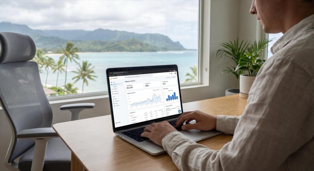 Person working on a laptop displaying website analytics, seated at a desk with a scenic ocean view through the window.