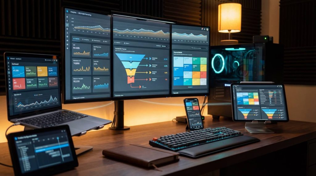 Multiple screens display analytics dashboards in a modern workspace, featuring graphs, charts, and a desktop computer setup.