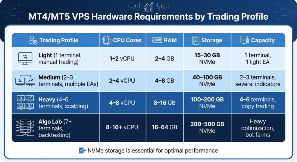 Hardware Specifications: Minimum vs. Recommended To run MetaTrader effectively, the bare minimum is a 1 GHz CPU and 2 GB of RAM. However, if you're using indicators or Expert Advisors (EAs), you'll need more robust hardware to handle the demands of a 24/5 trading environment. In September 2023, MetaQuotes released MT5 build 3930, which eliminated support for 32-bit systems. As of January 1, 2024, 32-bit versions no longer function, making a 64-bit Windows Server (2019 or 2022) essential for running the latest MetaTrader builds. For optimal performance, aim for 2.5–3.5 GHz or higher single-core clock speeds. Since MetaTrader primarily operates on a single thread, a faster core is more beneficial than additional cores, especially during high-pressure moments like news-driven market volatility. Storage is another critical factor - NVMe or SSD drives are non-negotiable. Using HDDs can severely slow down chart updates, log writes, and historical data loading, particularly when running multiple terminals or backtesting strategies. Memory requirements also depend on your trading setup. For a single MetaTrader terminal, allocate at least 4 GB of RAM, and add 1–2 GB for each additional instance. Always keep around 20% memory free to handle unexpected spikes in usage - like when a surprise announcement from the Bank of Japan jolts the market at 3 a.m. For heavy optimizations or managing multiple bots, you might need 16–32 GB or more. Trading Profile CPU Cores RAM Storage Capacity Light (1 terminal, manual trading) 1–2 vCPU 2–4 GB 15–30 GB NVMe 1 terminal, 1 light EA Medium (2–3 terminals, multiple EAs) 2–4 vCPU 4–8 GB 40–100 GB NVMe 2–3 terminals, several indicators Heavy (4–6 terminals, scalping) 4–8 vCPU 8–16 GB 100–200 GB NVMe 4–6 terminals, copy trading Algo Lab (7+ terminals, backtesting) 8–16+ vCPU 16–64 GB 200–500 GB NVMe Heavy optimization, bot farms These guidelines will help you choose the right hardware to match your trading workload. How to Choose Your VPS Plan Your VPS plan should align with your trading style rather than just your budget. For example, if you're running a single EA on one broker account, a 1–2 vCPU plan with 2–4 GB of RAM will suffice. Entry-level Windows VPS plans typically cost between $6.00 and $8.95 per month. However, if you're managing three terminals with custom indicators and a scalping EA, this setup will quickly hit its limits. A good rule of thumb: allocate 1 vCPU per active terminal and consider upgrading if your CPU usage consistently exceeds 70–80%. Location matters just as much as specifications. If your broker’s servers are in New York's NY4 data center, a VPS in Frankfurt won’t help reduce latency. Instead, choose a provider with servers close to your broker’s infrastructure - LD4 (London), NY4 (New York), or TY3 (Tokyo) are common hubs. Ideally, latency should stay under 10 milliseconds. Providers like ours offer 18 global locations, including Frankfurt, Tokyo, and Atlanta, ensuring you can host your VPS just milliseconds away from major liquidity providers. If you're trading across multiple brokers, pick a region that covers most of your accounts, or consider splitting your terminals across two VPS instances if latency arbitrage is part of your strategy. Once you've chosen the right hardware and VPS plan, you're ready to connect via Remote Desktop and start trading with confidence. Connecting to Your Windows VPS via Remote Desktop How to Connect Using RDP Once your VPS is set up, you'll receive an email containing three key details: the IP address, the username (usually "Administrator"), and a temporary password. If you're on Windows, you can open the "Remote Desktop Connection" tool by typing it into the Start menu or pressing Win + R and entering mstsc. Enter the VPS IP, username, and password. Before connecting, click on the "Local Resources" tab, then "More", and check the "Drives" box. This enables file transfers between your computer and the VPS. If you're using macOS or Linux, download the Microsoft Remote Desktop app from your app store. Add a new PC, input the IP address, and save your login credentials. macOS users with high-resolution displays should tweak the connection settings to match their screen resolution for better text clarity. For those experiencing unstable connections, head to the "Experience" tab and turn off window animations and visual effects. On the other hand, if you have a stable fiber connection, leave "True Color (32-bit)" enabled for sharper visuals. If responsiveness is more important, you can switch to "High Color (16-bit)" for a smoother experience. Once connected, it's essential to secure your VPS before installing any trading software. Basic Security Setup After First Login After logging in via RDP, your first step should be to secure your VPS. Start by changing the default Administrator password to something strong and unique. Avoid reusing passwords from other accounts. If you're managing multiple VPS systems, consider using a password manager like Bitwarden or 1Password to keep track of your credentials. Next, configure Windows Firewall to restrict RDP access to your home or office IP address. Navigate to Windows Defender Firewall > Advanced Settings > Inbound Rules, find "Remote Desktop - User Mode (TCP-In)", right-click it, choose "Properties", and under the "Scope" tab, add your static IP to the allowed list. This step protects against brute-force login attempts by blocking access from unknown IPs. Additionally, change the default RDP port from 3389 to a custom port (e.g., 33890) to make unauthorized access attempts less likely. For added security, rename the default "Administrator" account and create a new, limited account for daily use. Go to Computer Management > Local Users and Groups > Users, right-click "Administrator", and select "Rename" (e.g., "TradingAdmin"). Then, create a separate user account for routine tasks to minimize risks. Lastly, install all pending Windows updates immediately and make it a habit to check for updates every 72 hours, preferably during off-market hours. Installing MT4/MT5 on Your VPS Where to Download MT4/MT5 Safely To start installing MetaTrader, you’ve got two options for downloading: broker-branded installers or official builds from MetaQuotes. For most traders, downloading directly from your broker’s client portal is the easiest route. These versions are tailored for your broker, pre-loaded with server addresses and trading symbols, so you won’t have to manually input server names. Simply log in to your broker’s dashboard, find the downloads section, and grab the installer (e.g., mt4setup.exe or mt5setup.exe). If you’d rather go for a clean, generic installation, visit metatrader4.com or metatrader5.com for the official MetaQuotes builds. This option is ideal if you’re testing accounts with multiple brokers or switching brokers often. However, you’ll need to manually input your broker’s server address during login. Whatever route you choose, double-check the URL before downloading to ensure it’s legitimate. Avoid third-party sites or forum links, as they may host compromised software. Important: MT5 now only supports 64-bit systems, so make sure your VPS runs a 64-bit operating system, such as Windows Server 2019 or 2022. Once you’ve downloaded the right installer, you’re ready to install and set up the platform. Installation Process and Broker Login After downloading your installer, follow these steps to set up MetaTrader securely and efficiently. First, run the installer as Administrator to ensure all components and registry keys are installed properly. The setup wizard is straightforward: accept the license agreement, pick your installation path (the default C:\Program Files\ works fine for most users), and let the wizard complete the process. If you plan to run multiple instances, use the /portable flag when launching the terminal (e.g., terminal.exe /portable). This keeps all your data - like EAs, logs, and profiles - within the installation folder, simplifying backups and migrations. Once the installation finishes, MetaTrader should launch automatically. You’ll see a login window asking for your account number, password, and server name. If you downloaded a broker-specific version, the server dropdown will already list your broker’s options. Choose the correct server (this information is usually in your broker’s welcome email), enter your credentials, and log in. If everything is set up correctly, you’ll see live price quotes in the "Market Watch" window and a "Login successful" message in the "Journal" tab at the bottom. If you run into connection issues, double-check your credentials and ensure your terminal isn’t being blocked by Windows Firewall. To fix this, go to Windows Defender Firewall > Allow an app through firewall, click "Change settings", then "Allow another app", and add the MetaTrader executable. Additionally, confirm that .NET Framework is enabled by navigating to Control Panel > Programs > Turn Windows features on or off. If problems persist, your broker’s support team can help you confirm the correct server name and resolve authentication issues. Setting Up Auto-Start and Continuous Operation Configure MT4/MT5 to Start at Boot After installing and logging into MetaTrader, it's important to ensure it launches automatically whenever your VPS restarts. This could happen due to scheduled maintenance, Windows updates, or unexpected reboots. The easiest way to do this is by adding a shortcut to the Windows Startup folder. Here’s how: Press Win + R to open the Run dialog, type shell:startup, and press Enter. This will open the startup folder for your user account. Create a shortcut for your MetaTrader executable (e.g., C:\Program Files\MT5\terminal64.exe) and place it in this folder. If you're running multiple terminals, include the /portable flag in the shortcut’s target field. For instance: "C:\Program Files\MT5\terminal64.exe" /portable. This ensures each terminal keeps its data separate. Keep in mind that the Startup folder only activates after a user logs in. To bypass the login step, enable auto-login using tools like netplwiz or Microsoft's Sysinternals Autologon. This ensures MetaTrader starts even when no one manually logs in. For more robust control, especially to handle potential crashes, use Windows Task Scheduler. Here’s a quick setup guide: Open Task Scheduler and create a new task. Set the trigger to "At system startup" or "At logon." Point the action to your MetaTrader executable. Configure the task to run with the highest privileges and set it to work regardless of login state. In the "Settings" tab, enable "If the task fails, restart every 1 minute" and allow up to three retries. If you're managing multiple terminals, stagger their launches to avoid overwhelming your VPS. You can do this via Task Scheduler by adding delays or using a batch script with timeout commands, such as timeout /t 15 /nobreak, to space out launches by 10–20 seconds. Once MetaTrader is set to launch automatically, the next step is ensuring your trading tools, like Expert Advisors and indicators, start without any manual intervention. Auto-Start Expert Advisors and Indicators Getting MetaTrader to open automatically is just the first step. You’ll also need to make sure your Expert Advisors (EAs) and custom indicators load and start trading without any manual input. Start by enabling algorithmic trading in MetaTrader: Go to Tools > Options > Expert Advisors and check "Allow algorithmic trading" (MT5) or "Allow automated trading" (MT4). If your EA requires external libraries or web requests, also enable "Allow DLL imports" and "Allow WebRequest for listed URL." Without these settings, your EA won’t function, even if the platform is running. Next, save your workspace as a Profile. Arrange your charts, attach your EAs and indicators, and then go to File > Profiles > Save As. Assign a name like "Live Trading" to this profile. When MetaTrader restarts, it will reload the exact configuration, including chart layouts, timeframes, and active EAs. To ensure MetaTrader loads a specific profile automatically on startup, modify your shortcut or Task Scheduler action to include the /profile:Name flag. For example: "C:\Program Files\MT5\terminal64.exe" /profile:"Live Trading". If account data or EA settings fail to load after an automated reboot, the issue might be related to User Account Control (UAC). Windows can block applications from accessing their data folders when launched without an active remote desktop session. To resolve this: Go to Control Panel > User Accounts > Change User Account Control settings and set the slider to "Notify me only when apps try to make changes to my computer" (Level 1). This adjustment grants MetaTrader the necessary permissions. Feature Setting/Path Purpose Auto-Login netplwiz or Sysinternals Autologon Skips the Windows login screen on reboot Startup Folder shell:startup Launches MT4/MT5 automatically post-login EA Options Tools > Options > Expert Advisors Enables algorithmic trading and DLL imports Portable Mode terminal.exe /portable Keeps EA and indicator data in one folder UAC Level Level 1 (Notify only) Prevents permission issues during startup Optimizing VPS Performance for Trading Adjusting CPU and RAM Allocation Fine-tuning your VPS settings is essential for ensuring smooth MetaTrader performance. Start by switching your Windows Power Plan to High Performance. To do this, press Win + R, type powercfg.cpl, and select the High Performance option. This adjustment ensures your CPU operates at full capacity during critical trading moments. Next, open Task Manager (Ctrl + Shift + Esc), locate the MetaTrader process under the "Details" tab, right-click it, and set the priority to High. This step ensures MetaTrader gets priority over less important tasks like Windows updates or antivirus scans. For added efficiency, add the MT4/MT5 installation folders to the Windows Defender exclusion list - this minimizes delays in order execution caused by unnecessary scans. Inside MetaTrader, go to Tools > Options > Charts and lower the values for "Max bars in history" and "Max bars in charts" to either 1 or 1,000. This small tweak can significantly reduce RAM usage, especially if you're not running backtests. Also, uncheck options like "Show trade levels" and "Show OHLC" to reduce the system's rendering workload. When you're not actively using the terminal, minimize it to save CPU resources. For resource allocation, assign 2 vCPU cores and 2–4 GB of RAM per terminal. If you’re running multiple terminals (e.g., 2–3), consider increasing to 4 cores and 4–8 GB of RAM. For setups involving more terminals, splitting them across separate Windows user accounts can help isolate resources, ensuring a crash in one terminal doesn’t disrupt others. Running 7 or more terminals? It might be time to upgrade to a dedicated server for better performance. Once these optimizations are in place, monitor your system regularly to identify and address any performance bottlenecks. Monitoring System Resources Keeping an eye on system resources is crucial, especially during peak trading periods like the London/New York overlap (8:00 AM–12:00 PM EST). Open Task Manager and check the "Performance" tab to ensure CPU usage stays below 70%. If you notice frequent spikes, it could mean your VPS plan is overloaded or you're dealing with "noisy neighbors" on a shared VPS. RAM usage is just as important. Always aim to have at least 30% free memory available. Low memory can force Windows to page to disk, potentially freezing your terminal during high-volatility events. Use the Processes tab in Task Manager to spot any memory-intensive applications - rogue Expert Advisors (EAs) or indicators may slowly consume memory over time, leading to performance issues. Don’t overlook the Journal tab in MetaTrader. Frequent disconnects, heartbeat ping failures, or EA-specific errors could signal network problems or resource limitations that Task Manager might not immediately reveal. Additionally, periodically check your MQL4/5\Logs folder. Log files can grow over time and may strain your disk’s input/output performance. Automate log management by using Task Scheduler to run a monthly script that compresses and archives old logs. To maintain peak performance, schedule a weekly reboot during market close, such as Friday at 5:00 PM EST or Sunday before the markets reopen. This clears memory leaks and refreshes system resources. Use Task Scheduler to automate this process with the command shutdown /r /f /t 0 for a clean and efficient restart. Reducing Network Latency for Faster Trade Execution Why NTP Time Synchronization Matters Precision timing is essential for scalping and arbitrage strategies. Even a slight drift in time synchronization can throw off Expert Advisor (EA) signals, causing missed opportunities or errors in order execution. For instance, if your VPS clock isn't perfectly aligned, EAs relying on time-sensitive calculations or expiration-based orders might malfunction. Windows Server relies on the w32time service for time synchronization. To ensure it's working correctly, press Win + R, type services.msc, and locate Windows Time. Right-click it, select Properties, and set the startup type to Automatic. Then, open an elevated Command Prompt and execute w32tm /resync /force to immediately sync your clock with atomic time sources. For ongoing accuracy, configure reliable NTP servers by running: w32tm /config /manualpeerlist:"time.windows.com,0x8 time.nist.gov,0x8" /syncfromflags:manual /reliable:YES /update. To monitor synchronization, use the command w32tm /query /status. Check the "Last Successful Sync Time" field - if it’s over an hour old during active trading, there’s likely an issue. Keeping your system clock in sync with your broker’s servers ensures precise trade timestamps, reducing the risk of discrepancies during high-volatility periods. Once your time synchronization is solid, the next step is optimizing your network settings to further cut down latency. Network Configuration Tweaks Proximity matters. If your broker’s trade server is in London’s LD4 data center, hosting your VPS in Los Angeles will result in unnecessary delays. To minimize latency, host your VPS in the same region as your broker’s infrastructure. Ideally, aim for a latency of 0–5 ms. With 18 global locations, including New York, London, Frankfurt, Tokyo, and Singapore, you can choose a VPS location that aligns closely with your broker’s servers. For a low-latency setup, a stable ping of 5–15 ms is the benchmark. After selecting the right location, fine-tune your network adapter settings. Navigate to Control Panel > Network and Sharing Center > Change adapter settings, right-click your Ethernet adapter, and choose Properties. Click Configure and go to the Advanced tab. Disable "Large Send Offload (LSO)" and "Flow Control," as these can introduce delays. Also, turn off "Interrupt Moderation" to speed up packet processing, even if it slightly increases CPU usage. For additional performance gains, adjust your system settings. Press Win + Pause, go to Advanced system settings, and under the Performance section, click Settings. In the Advanced tab, switch processor scheduling to "Background services" to prioritize MT4/MT5 backend processes over other tasks. Within MetaTrader itself, navigate to Tools > Options > Server and uncheck "Enable news" - this reduces bandwidth and CPU usage, keeping resources focused on order execution. Lastly, when accessing your VPS via Remote Desktop Protocol (RDP), disable unnecessary visual features like "Font smoothing," "Desktop composition," and "Window contents while dragging" under the Experience tab. This helps conserve bandwidth and ensures smoother performance. Securing Your Trading Environment Once you've optimized performance, the next step is to ensure your trading environment is secure. Protecting sensitive data is crucial to maintaining the integrity of your trading operations. Protecting Account Credentials and Trading Data Safeguarding your VPS is essential for keeping your broker credentials and funds secure. Start by tightening your Remote Desktop Protocol (RDP) access. Enable Network Level Authentication (NLA) through System Properties under the Remote tab, and configure Windows Firewall to allow connections only from trusted IP addresses. For daily trading, use a limited user account instead of the Administrator account. This reduces the risk of significant damage if malware compromises your system. On top of that, enable Two-Factor Authentication (2FA) on your broker portal using tools like Google Authenticator or Authy. This adds an extra layer of protection for your funds, even if your VPS is compromised. Run MetaTrader 4 or MetaTrader 5 in portable mode (using the /portable flag) to keep all trading data in one folder, such as D:\Trading\MT5_BrokerX. This setup simplifies encryption. Use tools like BitLocker or VeraCrypt to encrypt the folder, and store the encryption key securely off-server. To further secure your system, close all unnecessary ports in Windows Firewall - only leave port 443 open for HTTPS traffic. Add exclusions in Windows Defender for your MT4/MT5 folders to avoid performance slowdowns during scans. Lastly, schedule Windows updates during non-trading hours, such as weekends, to prevent unexpected system restarts. Setting Up Automated Backups A hard drive failure or a corrupted Expert Advisor (EA) can result in the loss of months of work, including custom indicators and trading configurations. To avoid this, follow the 3-2-1 backup rule: maintain three copies of your data, stored on two different types of media, with one copy kept off-server. Focus on backing up critical MT4/MT5 folders, such as MQL4/MQL5, templates, profiles, config, and history. To find these folders, open MetaTrader and navigate to File > Open Data Folder - this will reveal the exact path, often hidden within %appdata%. Use Windows Task Scheduler to automate the creation of ZIP archives for these folders. Set it to create backups hourly during trading hours and perform a full backup weekly. Save these backups in a dedicated directory, such as C:\MT5\Backups\YYYY-MM-DD\, and sync this folder with cloud storage services like OneDrive or Google Drive for off-site redundancy. This ensures your data is safe and accessible, even in the event of hardware failure. Conclusion You've successfully turned your Windows VPS into a reliable and efficient forex trading system. By carefully selecting hardware specifications, tightening security measures, and reducing latency, you've set the stage for smoother and more consistent trading. A well-configured VPS ensures your Expert Advisors (EAs) operate around the clock, your trades execute quickly with minimal delays, and your data stays secure from hardware failures and potential security breaches. What separates a casual setup from a professional one is reliability. Features like auto-start, time synchronization, and automated backups aren't just conveniences - they're essential for uninterrupted trading. Together, these elements create a stable environment that supports your trading strategy. Hosting your VPS close to your broker's servers further reduces latency, giving you a noticeable edge over time, especially when trading at scale. With enterprise-level uptime and security, you're eliminating the risks of missed opportunities and unnecessary slippage. Start by securing your RDP connection, installing MT4 or MT5 in portable mode, and setting up auto-start functionality. Then, focus on performance: disable unnecessary visual effects, keep at least 20% of your RAM free, and schedule reboots during the weekend when markets are closed. Finally, fortify your setup with encrypted data folders and automated backups. Your trading system should work as tirelessly as you do, supporting your strategy with precision and dependability.