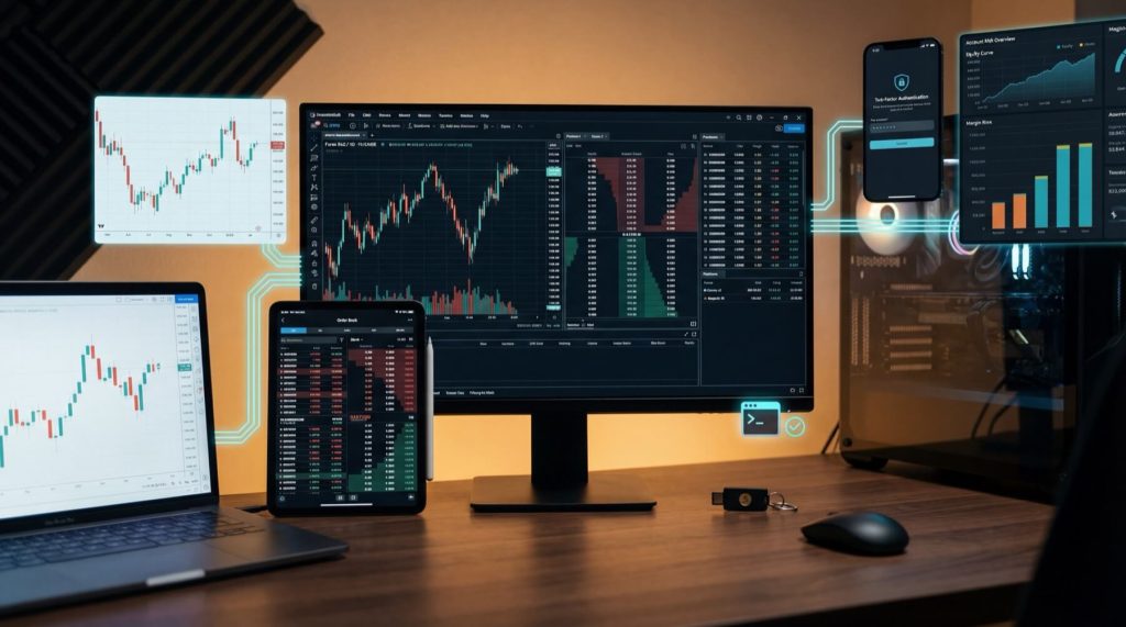 A multi-screen trading setup with charts and data on a monitor, laptop, tablet, and smartphone, indicating financial analysis.