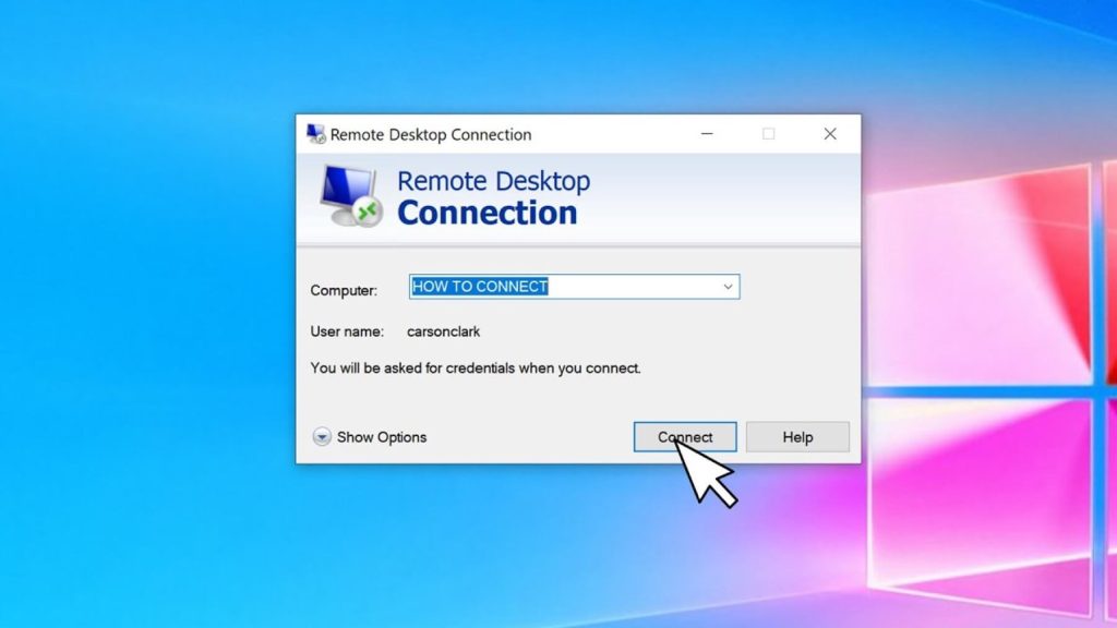 Remote Desktop Connection window with "Computer: HOW TO CONNECT" and "User name: carsonclark" selected, cursor on "Connect" button.