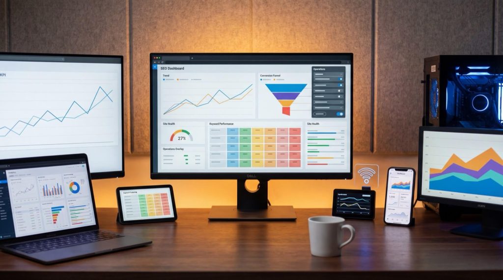 Multiple screens displaying SEO analytics and dashboards on a desk, including graphs, charts, and a conversion funnel.