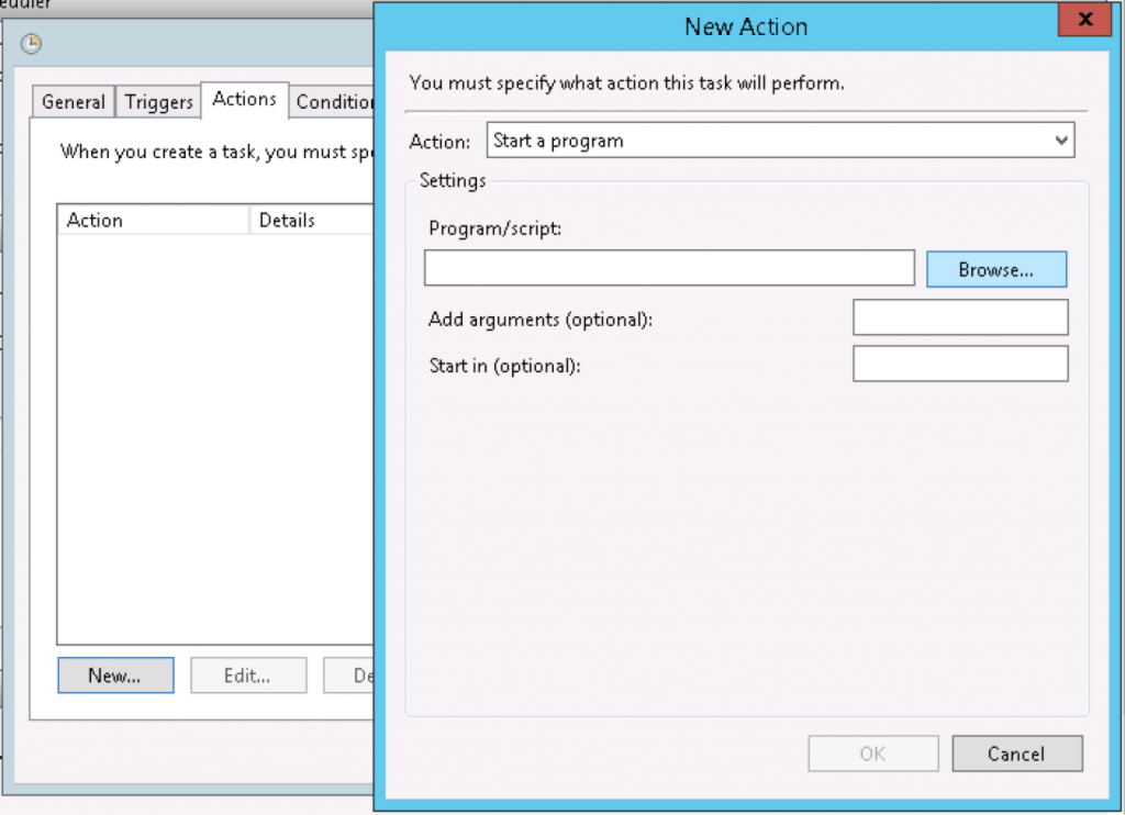 Task Scheduler interface showing "New Action" window with options to start a program, add arguments, and specify start location.