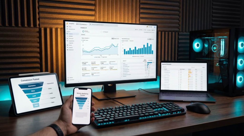 Realistic picture in a paradisiac landscape of a digital nomad working online with his MacBook showing realistic website analytics dashboard with earnings