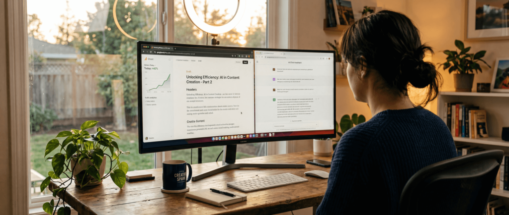 A person works at a desk with a large monitor displaying text titled "Unlocking Efficiency: AI in Content Creation - Part 2."