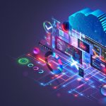 Digital cloud computing concept with floating data screens, circuit patterns, and colorful geometric shapes on a dark background.