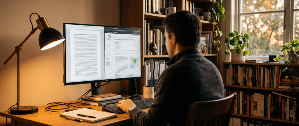 A person sits at a desk with a dual-monitor setup, researching and typing, surrounded by books and plants.