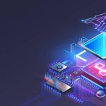 Futuristic circuit board with glowing microchip, digital pathways, and abstract AI symbol on a dark background.