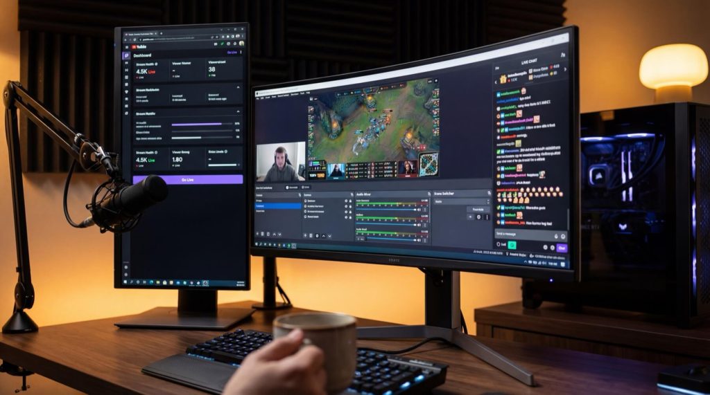 Dual monitors display a live gaming stream and streaming dashboard. A microphone and keyboard are on the desk.