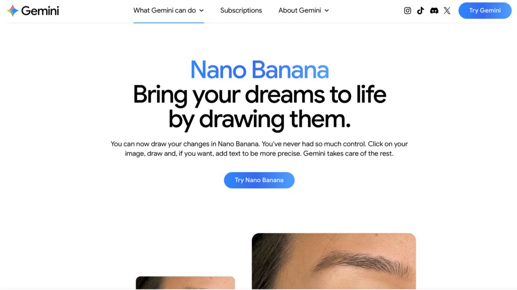 Gemini webpage promoting "Nano Banana" with text: "Bring your dreams to life by drawing them." Button: "Try Nano Banana."