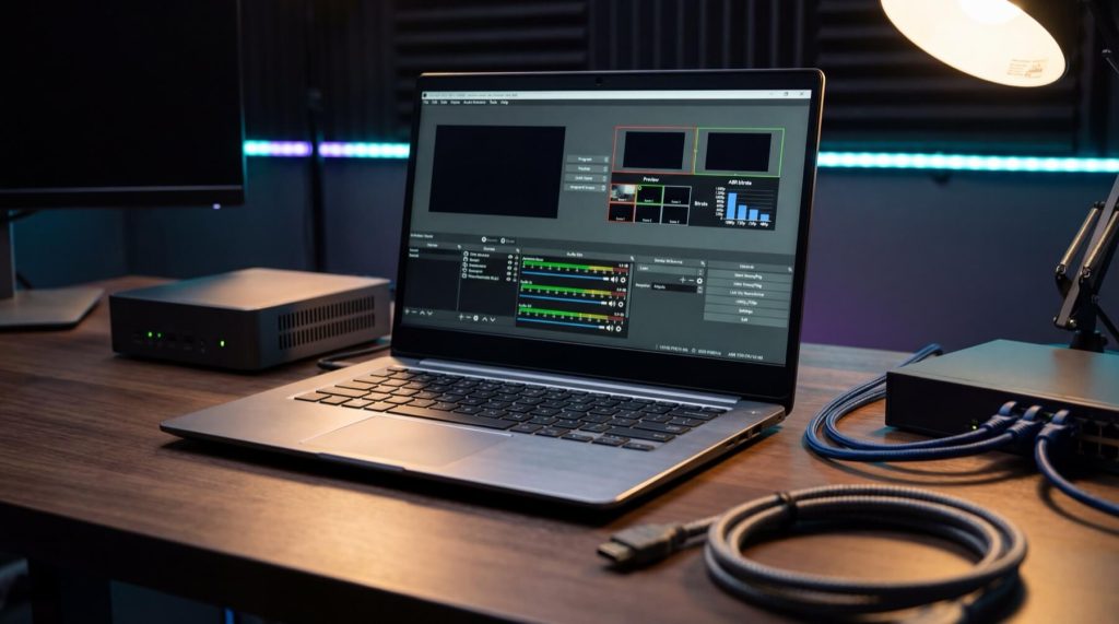 Laptop on a desk displaying video editing software interface, surrounded by cables, a lamp, and electronic equipment.