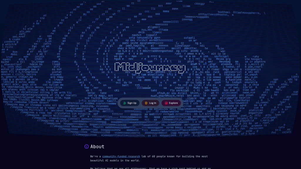 Text "Midjourney" in ASCII art style with swirling text pattern background. Buttons labeled "Sign Up," "Log In," and "Explore."
