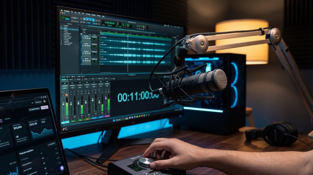 Person adjusting audio interface in a podcast studio with microphone, dual monitors displaying audio editing software, and analytics on laptop.