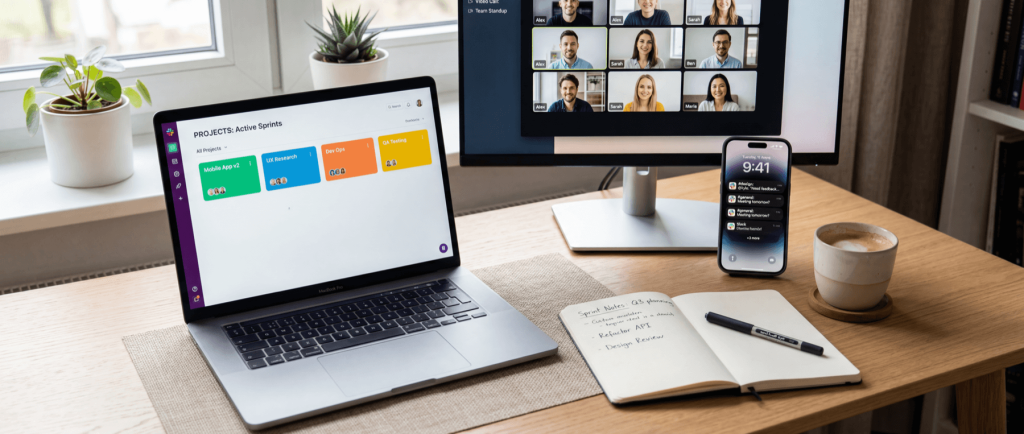 Laptop displaying "PROJECTS: Active Sprints," monitor with video call, smartphone showing notifications, notebook with handwritten notes, and coffee cup.