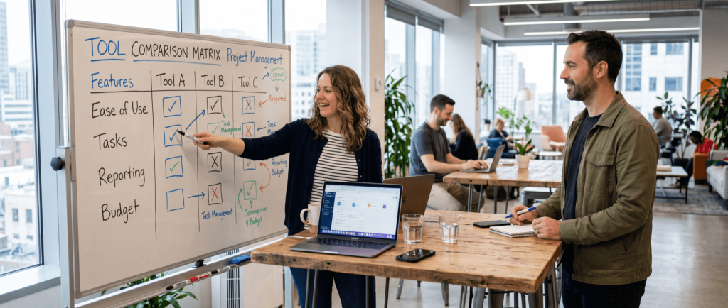 Two people discussing a "Tool Comparison Matrix: Project Management" on a whiteboard in a modern office setting.