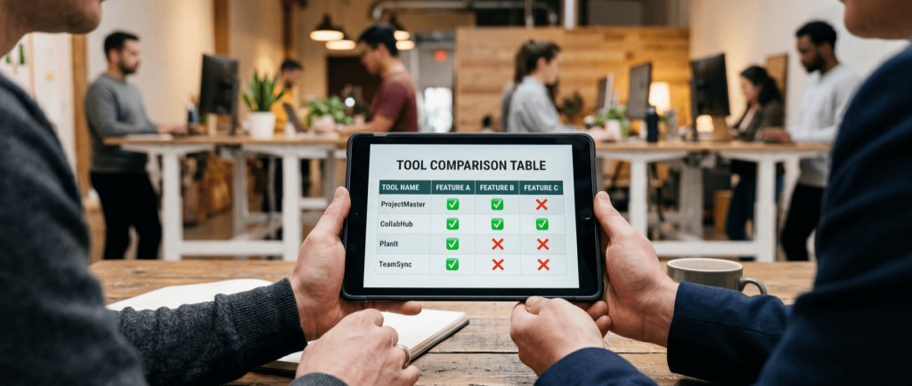 Two people holding a tablet displaying a "Tool Comparison Table" with checkmarks and crosses, in a busy office setting.
