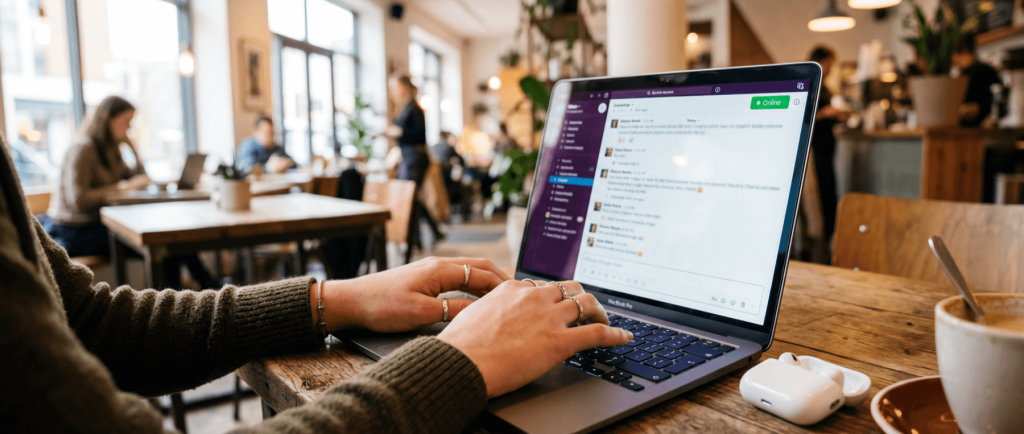 Person typing on a laptop displaying a messaging app in a busy café, with coffee and earbuds on the table.