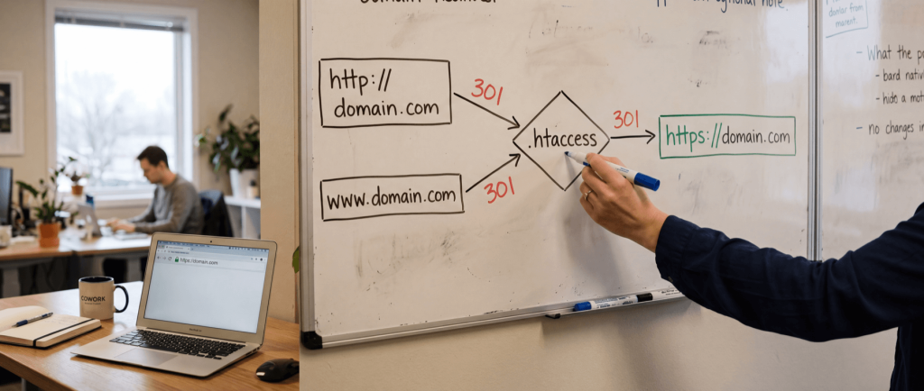 Person writing on a whiteboard illustrating 301 redirects from "http://domain.com" and "www.domain.com" to "https://domain.com" via .htaccess.