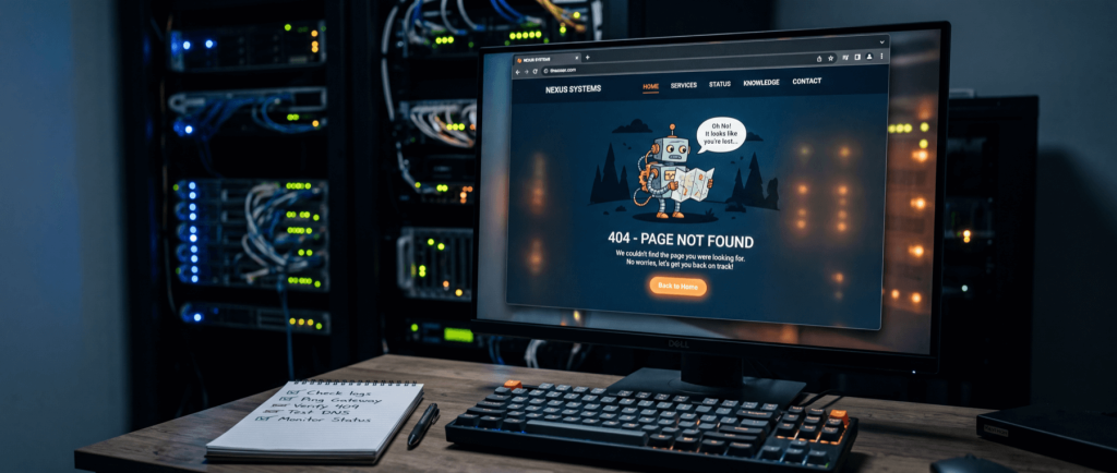 Computer monitor displaying a "404 - Page Not Found" error with a robot illustration. Server racks are visible in the background.