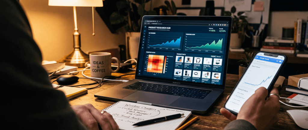 Person analyzing data on a laptop and smartphone at a desk, with a notebook and coffee mug labeled "IDEAS & COFFEE."