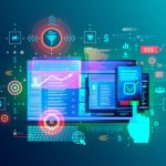 Digital marketing concept with laptop, tablet, and icons for analytics, email, shopping, and currency symbols on a blue background.