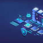 Futuristic digital network with laptop, servers, data screens, cloud storage, and security shield, illustrating cybersecurity and data management.