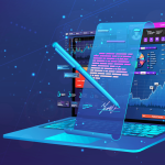 Futuristic digital interface with graphs, charts, and data visualizations on a laptop screen, featuring a stylus and holographic elements.