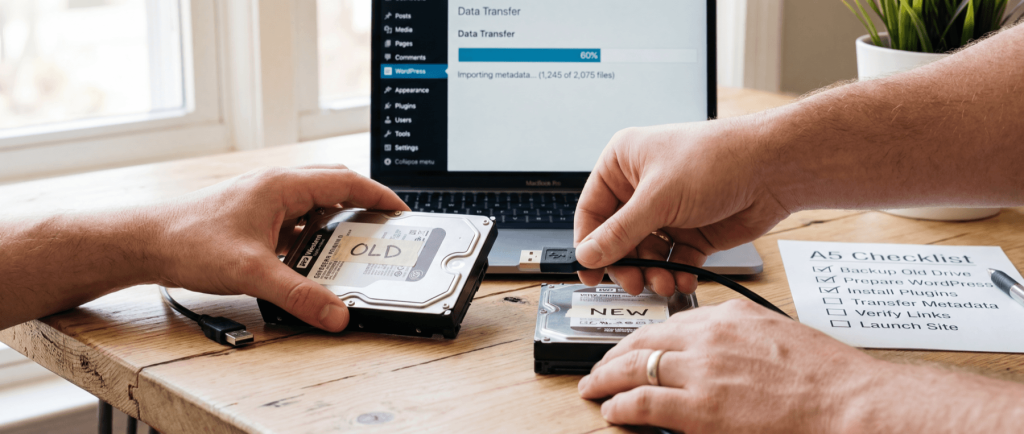 Hands swapping hard drives labeled "OLD" and "NEW" near a laptop displaying "Data Transfer 60%," with a checklist beside.