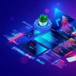 A laptop displaying code, surrounded by digital elements labeled "TESTING," "CODING," "HTML," "CSS," "PHP," "JS," with coffee and notepad.