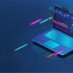 Laptop displaying colorful data analytics graphs and charts on the screen, surrounded by digital elements on a blue background.
