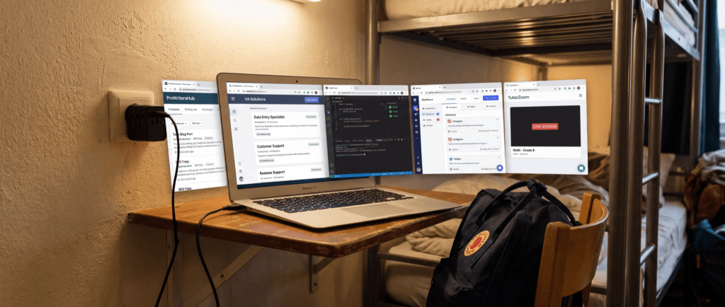 cLaptop on a small desk in a dorm room, displaying multiple browser tabs and code editor, with a backpack nearby.
