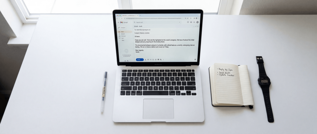 Laptop displaying an email on a desk with a pen, notebook, and digital watch. Notebook reads: "Reply by 2pm, Send drafts, Update tracker."