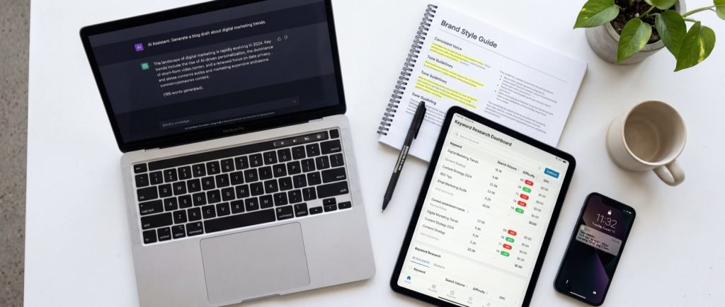 Laptop displaying text, tablet with keyword research dashboard, smartphone with notifications, notebook labeled "Brand Style Guide," pen, plant, and empty mug on desk.