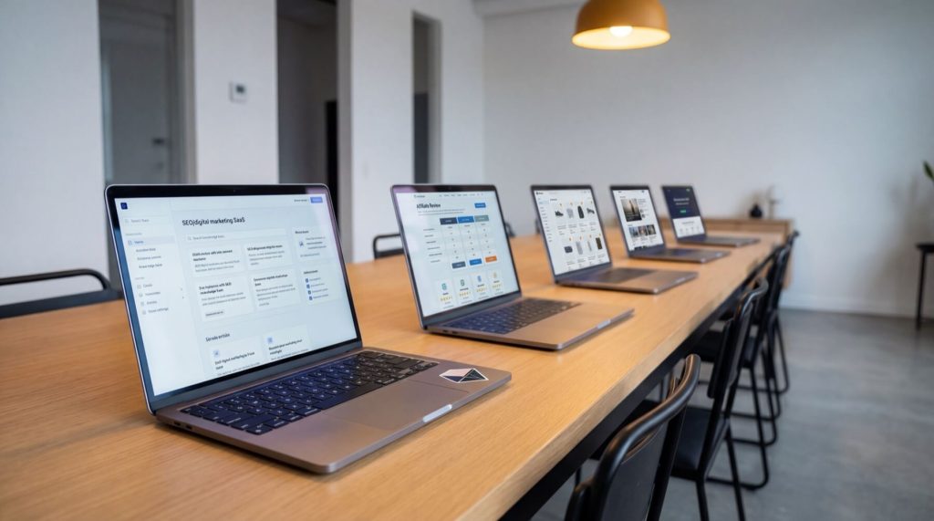 Five laptops displaying various software interfaces are arranged on a long wooden table in a modern conference room.