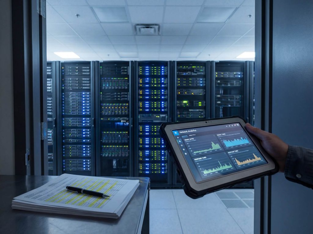 A person holds a tablet displaying network analytics in a server room, with highlighted documents and a pen on a table.