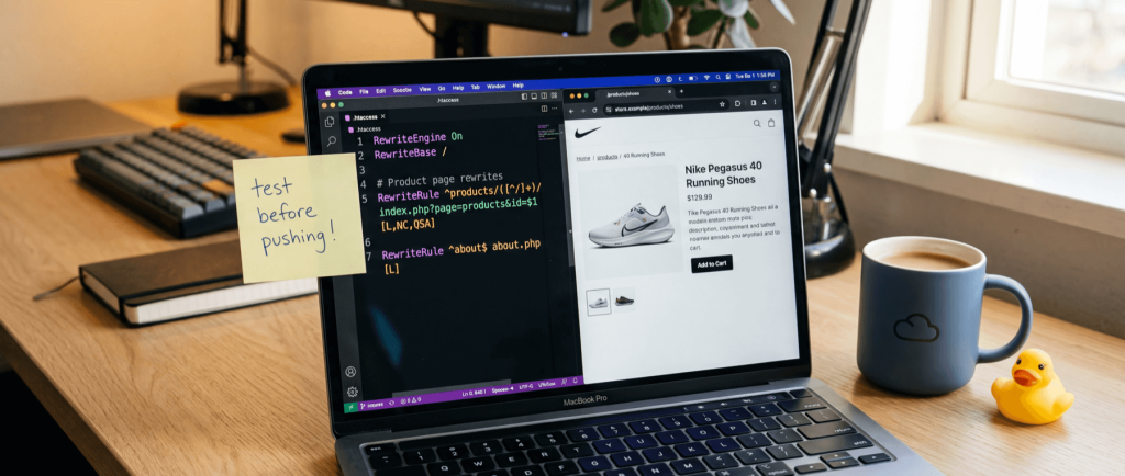 Laptop displaying code editor and Nike Pegasus 40 Running Shoes webpage, with sticky note reading "test before pushing!" on desk.
