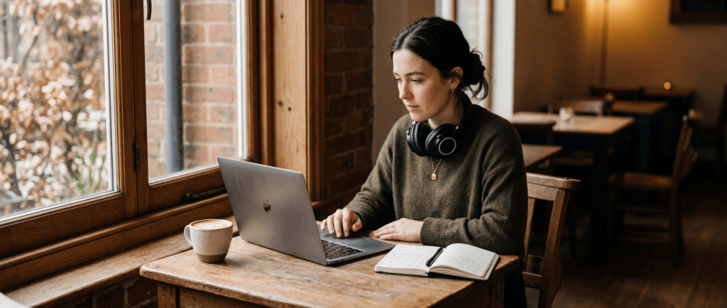 Person wearing headphones, working on a laptop at a wooden table in a cozy cafe, with a notebook and coffee.