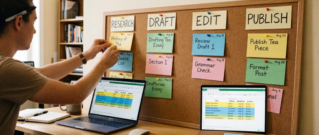 Person organizing a project board with sections: Research, Draft, Edit, Publish. Laptops display spreadsheets and notes.