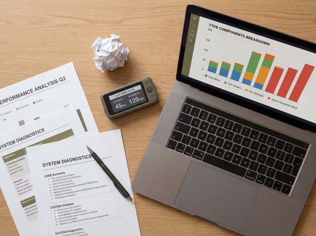 Laptop displaying "TTFB Components Breakdown" graph, papers titled "Performance Analysis Q3" and "System Diagnostics," digital device showing latency and requests.