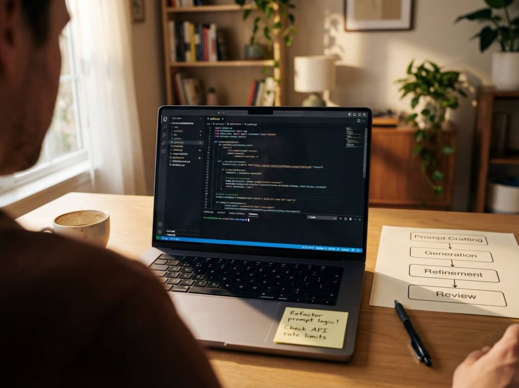 Person working on a laptop with code editor open, paper with flowchart labeled "Prompt Crafting, Generation, Refinement, Review" nearby.