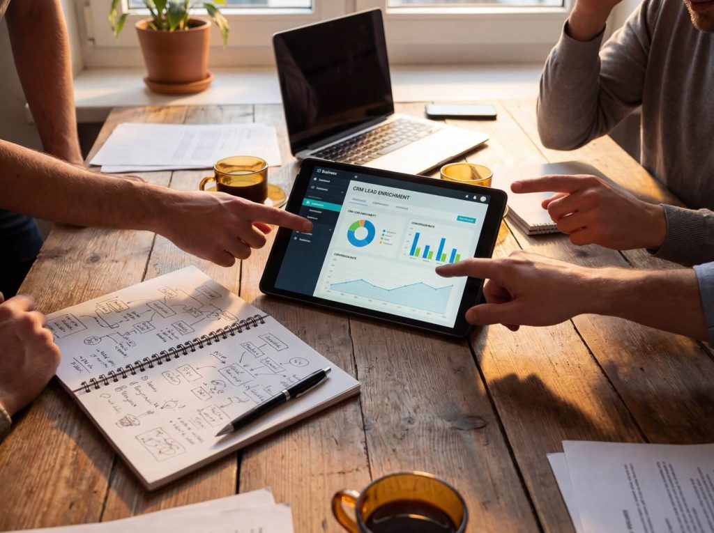 Three people discuss data on a tablet displaying charts and graphs, with notes and laptops on a wooden table.