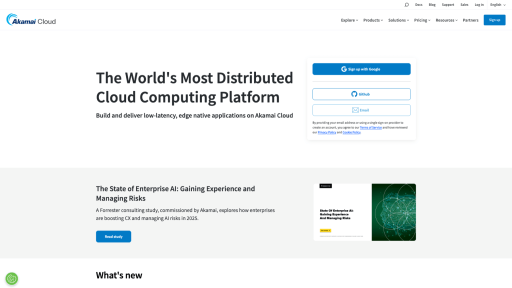 Akamai Cloud homepage featuring text: "The World's Most Distributed Cloud Computing Platform" with sign-up options and study on enterprise AI risks.