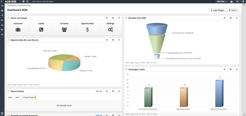 Dashboard interface showing B2B analytics with pie chart, sales funnel, and bar graph. Sections include accounts, leads, and opportunities.