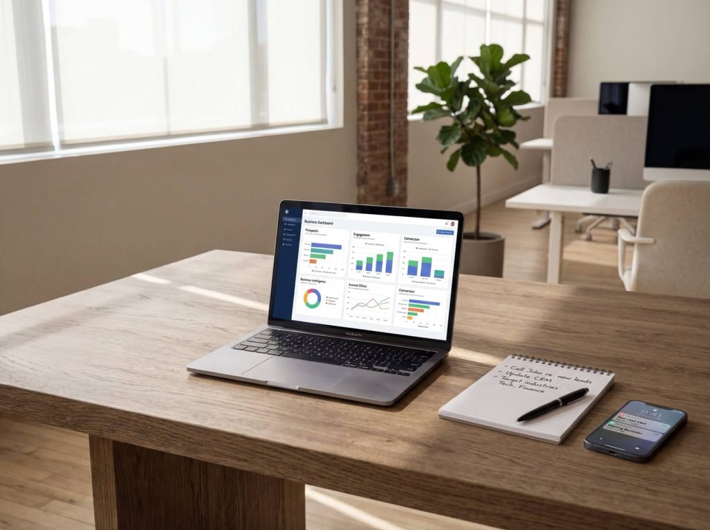 Laptop displaying business dashboard on a wooden desk with a notepad, pen, and smartphone in a modern office.