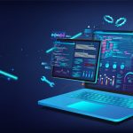 A laptop displaying colorful data analytics and code, surrounded by floating digital charts and graphs on a dark background.