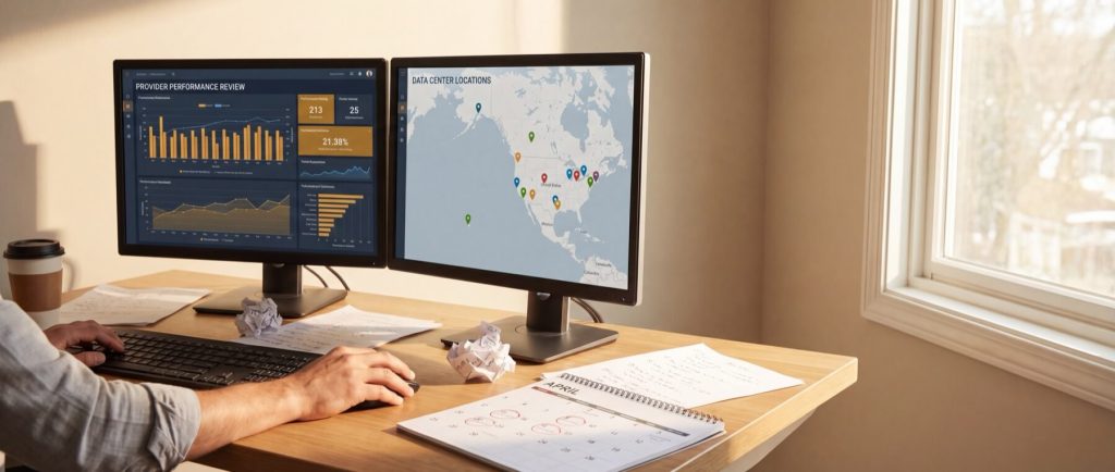 Person working at a desk with two monitors displaying data analytics and a map, alongside scattered papers and a calendar.