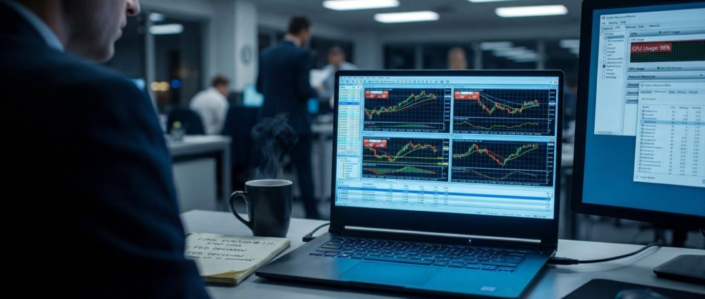 Office setting with a person viewing stock market graphs on a laptop. Nearby, a notepad reads: "LONG EUR/USD @ 1.11."